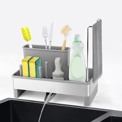 VFANDV Organizador Fregadero Cocina, Porta Esponja Autovaciante, Soporte Estropajo para Fregaderos de Acero Inoxidable, Cocina Organizador de Lavado con Toallero Extraíble (Gris)
