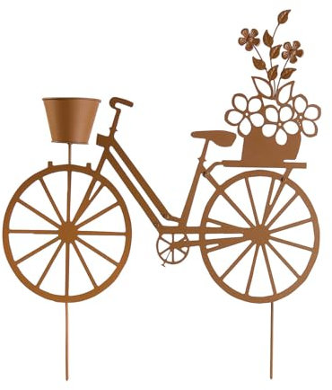 Coopers of Stortford - Garden Planter in Rusty Metal Bike Design - Deocrative Garden Ornamnet with Basket and Flower Silhouette