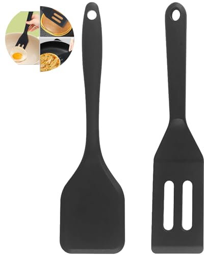 2 Stück Pfannenwender Silikon, Schwarz Klein,Antihaft-Silikon-Servierwender,Hitzebeständiger Spatula,Küchenhelfer Spatel Geschlitzt,Kitchen Gadgets für Flip,Braten,Mischen,Abtropfen