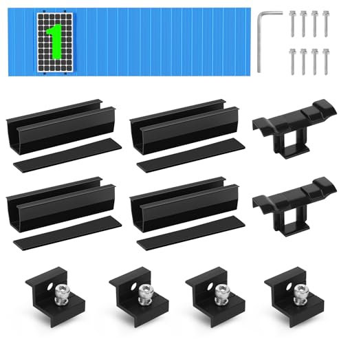 BOSYTRO Kit de Montage PV pour 1 Module,Support de Panneau Solaire, Rail Noir de 12 CM,Clips de Drainage d'eau 30 MM, Pince Réglable pour Modules de 30 à 35 mm d'épaisseur- Pour toit plat,trapézoïdal