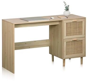 duehome | Made, Escritorio con Cajonera, Mesa de Estudio, Acabado en Madera de Pino y Ratan, Medidas: 120 cm (Largo) x 48 cm (Fondo) x 75 cm (Alto)