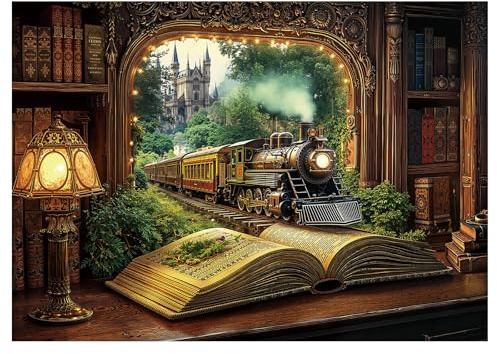 BBOLDIN Train Forest Book Puzzle 1000 Pieces for Adults, Magic Vintage Plant Jigsaw Puzzles Castle, Fantasy Bookshelf Nature Tree Puzzles