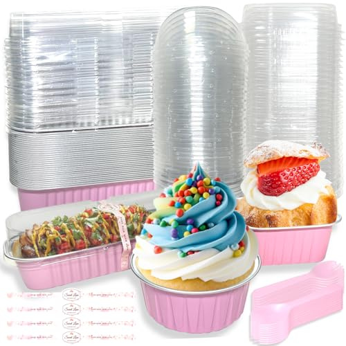 XingyLi 90Pcs Mini Cake Baking Cups with Lids, Spoons and Stickers, Mini Loaf Pans, Reusable Aluminum Cake Tins, Foil Baking Pans, Small Loaf Cases Boxes, Tart Pie Cake Containers for Dessert (Pink)