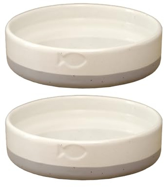 Set Of 2 Grey Colour Dip Fish Cat Bowls 13x4x13cm Speckle Stoneware Food Water Dishes
