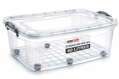 BH | Plastic Storage Box with Lids and Wheels | MEDIUM Size | 40L (L:63.5cm W:40.5cm H:27.5cm) | Set of 1 | Stackable Clear Durable Multipurpose Office Toys Home Tools Crafts Household - by Best House