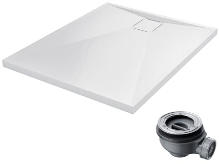 HOROW Piatto doccia 100 x 80 cm, piatto doccia in acrilico con effetto pietra antiscivolo – piacevolmente non freddo e antiodore, bianco, per un facile montaggio