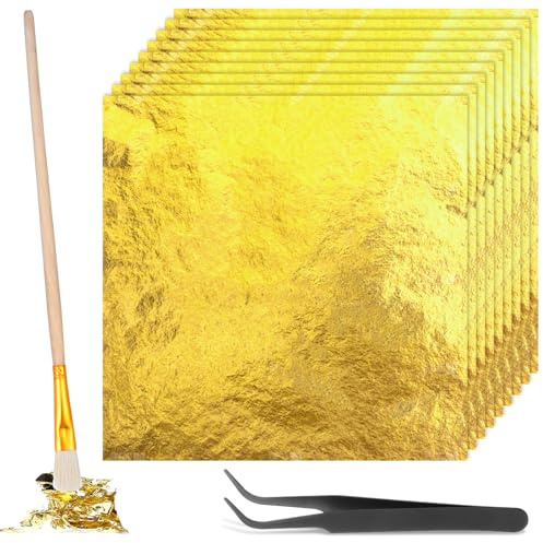 Aysatogc 150 Blatt Blattgold Goldfolie Papier Goldfolie Flocken 14X14CM Blattgold deko mit Pinzetten und Bürsten Imitation für Vergoldung Malerei Küche Handwerk Nägel