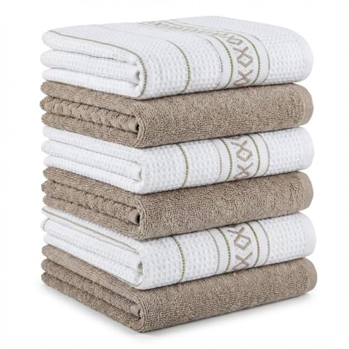 BOSKIMO Paños de Cocina Pack de 6 – Trapos de Cocina Algodón y Microfibra, Absorbentes y de Secado Rápido, Rizo y Gofrado – Paños de Limpieza Reutilizables – Palma Beige