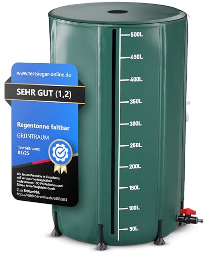 GRÜNTRAUM Regentonne faltbar 500L – Regenfass groß/Regenwassertonne/Wassertank faltbar – Wasserfass stabil – witterungsbeständig – mit Füllstandsanzeige & Air Wing System Garten (Grün)
