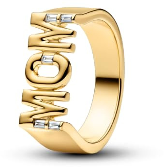 PANDORA Ring Mama Siegelring in 14 Karat Vergoldung mit Cubic Zirkonia, Damen Ring mit Schriftzug MOM und Baguette Steinen, Statement Ring, Größe: 56, 164460C01-56