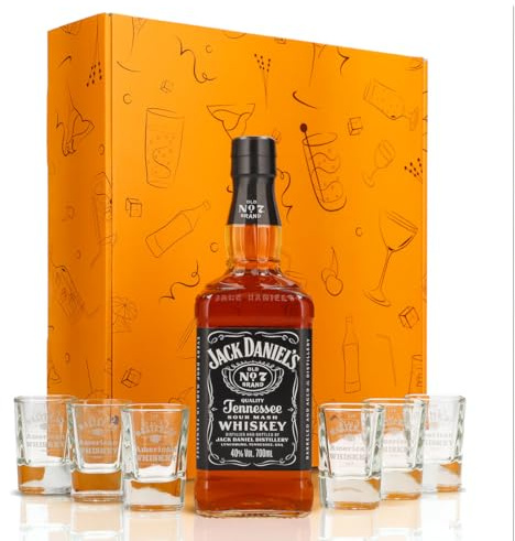 Sipply Geschenkset 7-teilig mit 6 Shotgläser MOAW und 1 Flasche Jack Daniels 0,7l 40,0% Vol. | mit Geschenkverpackung: Orange | Geschenk für Frauen Männer Mama Papa Freundin zu Weihnachten Ostern
