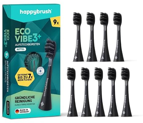 happybrush® Aufsteckbürsten für elektrische Schall-Zahnbürste Eco VIBE 3 - Allblack - 9 Stück