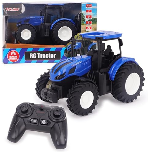 Toyland® 1:24 Tracteur télécommandé Bleu avec lumières et Chargement USB - Batterie Rechargeable Incluse - Véhicule de Ferme pour l'intérieur et l'extérieur