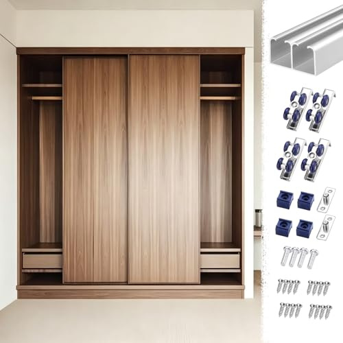 Herrajes Puertas Correderas Juego de Rieles Deslizantes para Puertas de Armario Dobles, Kit de Herrajes para Puertas de Armario de Alta Resistencia y Funcionamiento Suave(Silver,37in/94cm)
