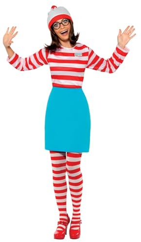 Smiffys Where's Wally? Wenda Costume, Red & White with Top, Skirt, Glasses, Tights & Hat, Officially Licensed Where's Wally Fancy Dress, Adult Wheres Wally Dress Up Costumes
