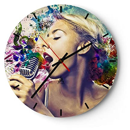 Modern Wanduhr Singen mikrofon Energie 40x40cm Rund Groß Wand Uhr Glas Analog Zimmeruhren Küche Büro Wohnzimmer Glasuhr Wall Clock Dekoration Design Wanddekoration Küchenuhr C3AR40x40-2622