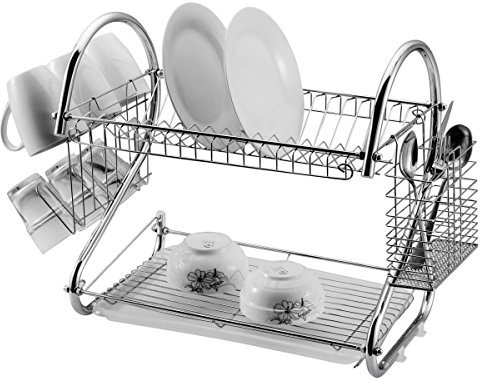 St@llion 18 inch 2-Tier Stainless Steel Dish Drainer Rack Holder | Durable & Stylish Dish Rack Non-Slip Base & Large Capacity for Plates, Bowls & Cookware | Efficient Drying & Organization (Chrome)
