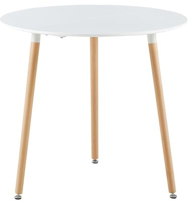 DORAFAIR Runder Esstisch Küchentisch Modern Büro Konferenztisch Weiß Kaffeetisch, Beistelltisch skandinavisch 80 * 80 * 72 cm,Beine Natur, Weiß