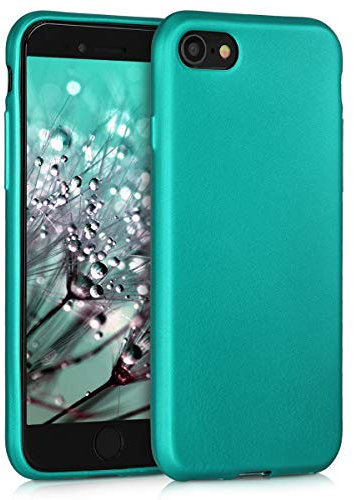 kwmobile Case Compatible with Apple iPhone SE (2022) / iPhone SE (2020) / iPhone 8 / iPhone 7 Case - Soft Slim Metallic TPU Silicone Cover - Metallic Turquoise