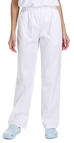 WWOO Donna Pantalone da Lavoro Bianco Puro Cotone Pantaloni da Infermiere Opaco pantalaccio con Elastico Spessa S