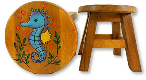 Children's Wooden Stool, Sea Horse Design - Handmade Acacia Wood - Small Chair, Footstool or Side Table - Nursery & Bedroom Decor - Fun Step Stool for Kids - Ideal Christmas & Birthday Gift