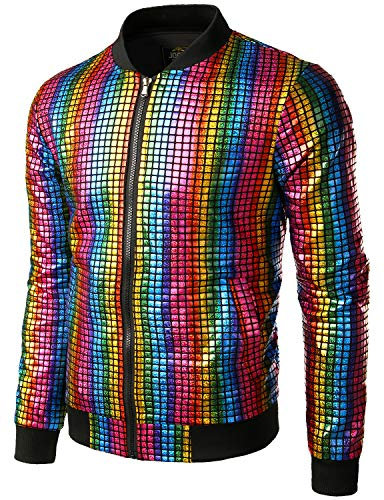 JOGAL Herren Metallic Pailletten Baseball Bomberjacke 70er Disco Party Kostüm Large Mehrfarbig