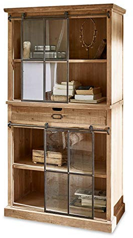 Loberon Schrank Finegand, edler Material-Mix, mit Zwei Schiebetüren und Einer Schublade, Industrial-Style, Vitrinen-Schrank, Tannenholz, Eisen, antikbraun