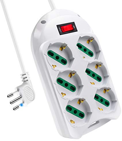 EXTRASTAR Multipresa 6 Post,Presa con interruttore automatico di protezione 10 A,multipresa protetta,surge Arrest, 6 prese bipasso ITA/Schuko, Bianco cavo 1,5 metri