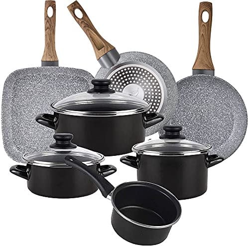 Magefesa Bateria de cocina 7 piezas MAGEFESA Kenia de acero esmaltado con juego de sartenes (18/22 cm) y grill 28x28 Daimiel en aluminio forjado