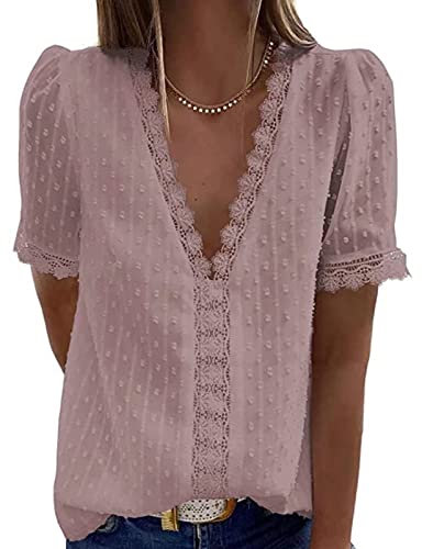 Nadeer Chemisier Femme Chic, Dentelle Col V Élégant Blouse, Haut D'été Décontracté à Manches Courtes Convient au Quotidien, au Travail