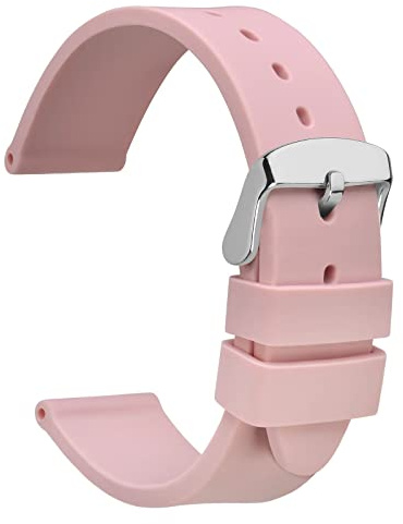 WOCCI 20mm Lightweight Silicone Rubber Watch Strap for Men and Women, Silver Buckle (Pink)