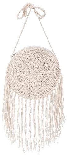 Jeesblsy Sac à Main Tissé Rond en Paille avec Gland pour Femme, Sac à Bandoulière de Crochet de Coton, Boho Petit Fait à la Main pour la Plage D'été, Fête du Soir, Vacances Voyage (Beige)