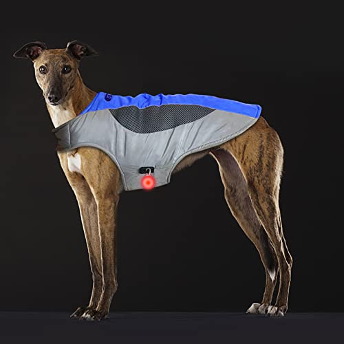Gepolsterte verstellbare Hundejacke, beheizbare Hundeweste mit LED-Licht, gemütliche und winddichte Hundejacke für kleine und mittelgroße Hunde (XL, Blau und Grau)