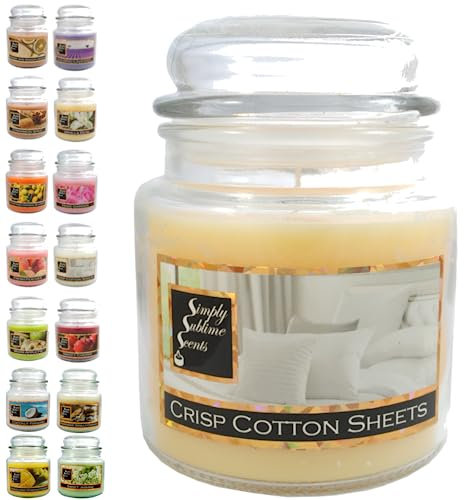 SIMPLY SUBLIME SCENTS - Candela Profumata di Lusso - Lenzuola di Cotone Fresche - Oli Profumati di Alta qualità - Fino a 76 Ore - Medio - in Vasetto - Bianco