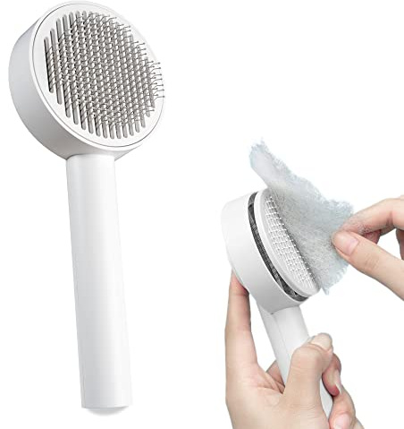 PiuPet Self Cleaning Dog Brush - Grooming Slicker Brush for Cats & Dogs | Effective pet hair remover with stainless steel bristles for shedding, tangles and dirt; ergonomic handle for comfort.