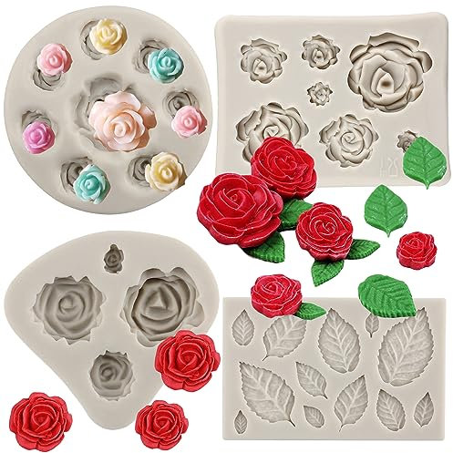 Sijiangmold Lot de 4 moules en silicone pour décoration de gâteaux en forme de fleurs de rose