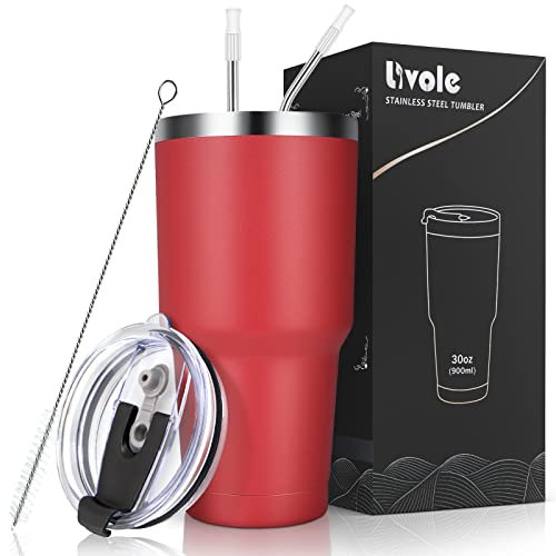 Livole Tazza termica da 30 oz da 900 ml, per uomini, donne, da campeggio, a doppia parete, in acciaio inox con cannuccia, sottovuoto, da viaggio, colore rosso