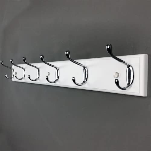 lomejii Porte-manteau mural bois blanc avec 6 crochets argentés, 70 cm longueur, patère mural pour manteau, chapeau, sac, grande portemanteau moderne pour entrée, couloir, chambre à coucher