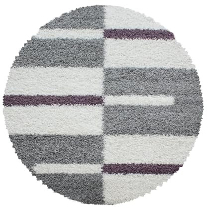 HomebyHome Runder Hochflor Teppich - 160 cm Shaggy Lila, Grau und Weiß - Extra Weich und Flauschig für Wohnzimmer, Schlafzimmer, Küche, Flur