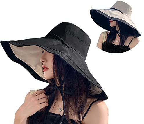 Packable Large Brim Sun Hat for Women - 6.7 Wide-Brim UV-Protection Women's-Sun-Beach-Hats with Strap Black