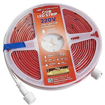 LED ATOMANT Pack 5x Rollo de 5 metros de Tira de Luz LED COB Directa a 220v, Color Blanco Calido (3000K), Impermeable IP65, Corte cada 16,5cm 8W/m