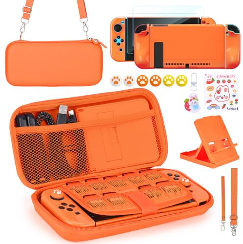 Younik Switch Zubehör Bundle, 17 in 1 Switch Zubehör Kit für Mädchen Enthalten Switch Tasche, Verstellbarer Ständer, Schutzhülle für Switch Konsole & J-Con(Orange)