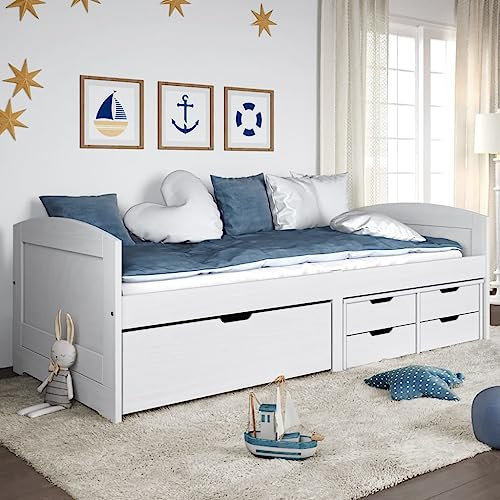 Festnight Tagesbett mit 5 Schubladen Ausziehbett Holz 90x200cm Holzbett Schlafsofa Ausziehbar Bettsofa Gästebett Bettgestell Bett Jugendbett iRun Weiß Massivholz Kiefer