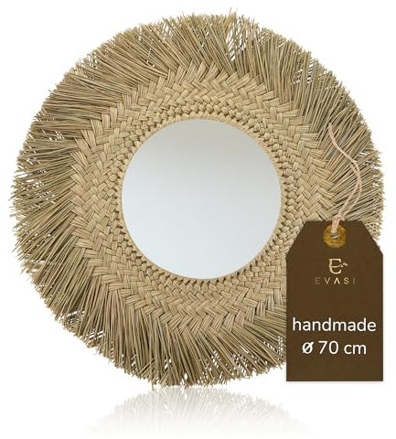 EVASI Wandspiegel Modell 70 cm Durchmesser - Handgefertigter Spiegel Mit Rahmen Aus Geflochtenem Seegras - Dekorativ in Stilvollem & Zeitlosem Design - Rund für Ihr Zuhause