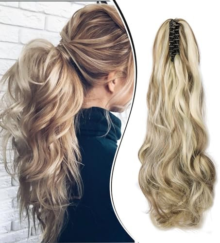 Dcbaboo Pferdeschwanz Haarteil Zopf Extension mit Klammer Wellige Lang Ponytail Extensions Haarverlängerung Clip Synthetik Gewellte Pferdeschwanz Haarextension Zopf, 45cm Aschblond & Bleichblond