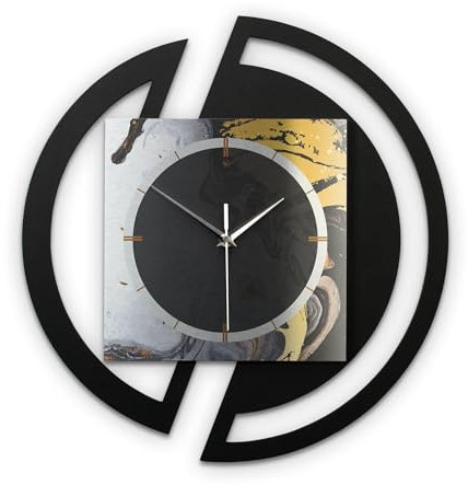 Kreative Feder Runde 3D Designer-Wanduhr Gold & Black Ink in modernem Metallic-Look Silber-schwarz ohne Tickgeräusche (Gold & Black Ink, leises Funkuhrwerk)