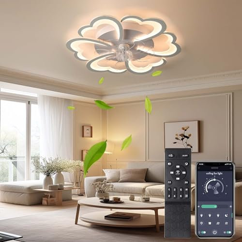 Lrenjon 27 Ventilateur de Plafond avec éclairage Réglable et Telecommande, Lustre Ventilateur de Plafond Silencieux, Plafonnier Ventilateur de Plafond Chambre Salon, Reversible Chaud Froid-White