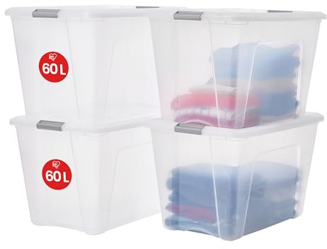 Iris Ohyama Storage Boxes with Lids, 60L, Set of 4, Silver, Secure Buckles, Stackable, Pull-Handles, For Bedroom, Closet, Office, Organisation, BPA Free Plastic, Clothes Tote, NTB-60