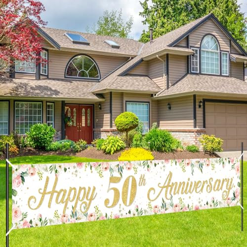 Balterever Cartel de feliz 50 aniversario, decoración floral dorada para patio de 50 aniversario, letrero de patio de 50 aniversario, letrero de saludos a 50 años, decoración de fiesta de feliz