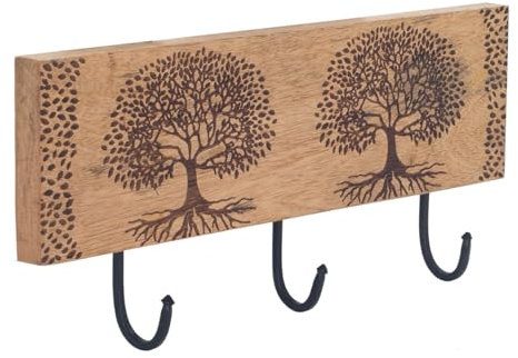 ROCKING GIFTS Appendino da Parete in Legno con 3 Ganci Design Albero della Vita, Appendino Decorativo per Ingresso, Camera da Letto, Bagno, 38 cm